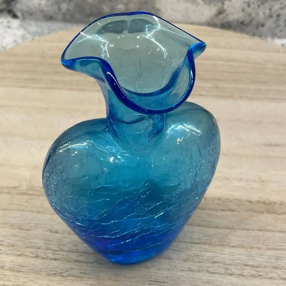 Vintage Blue Hand Blown Heart Shaped Glass Bud Vase Ruffled Rim MCM